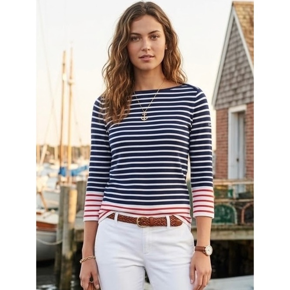 Vineyard Vines Striped Boatneck Sweater Deep Bay Navy White Red XS NEW